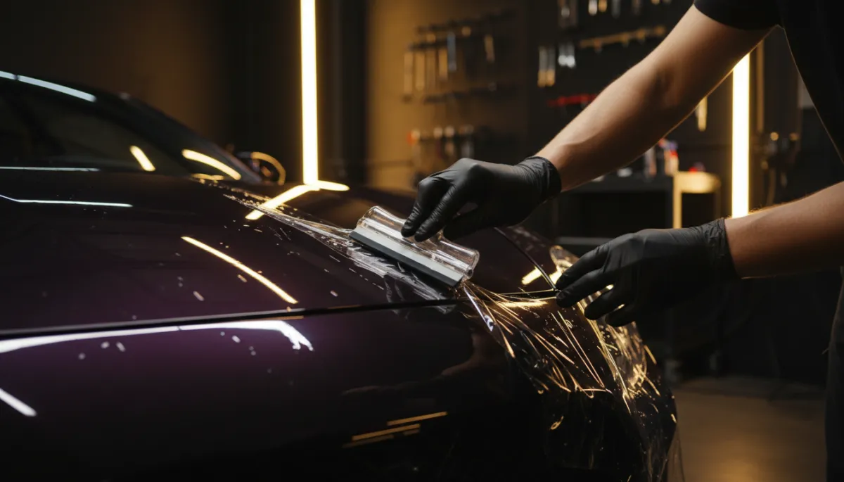 Technician installing XPEL paint protection film on a luxury vehicle in a dark studio