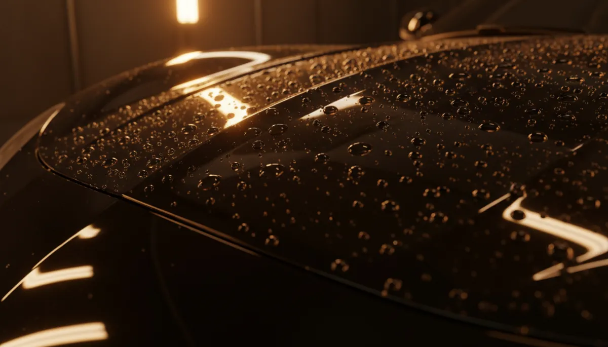 Water beading on ceramic-coated hood under studio lighting