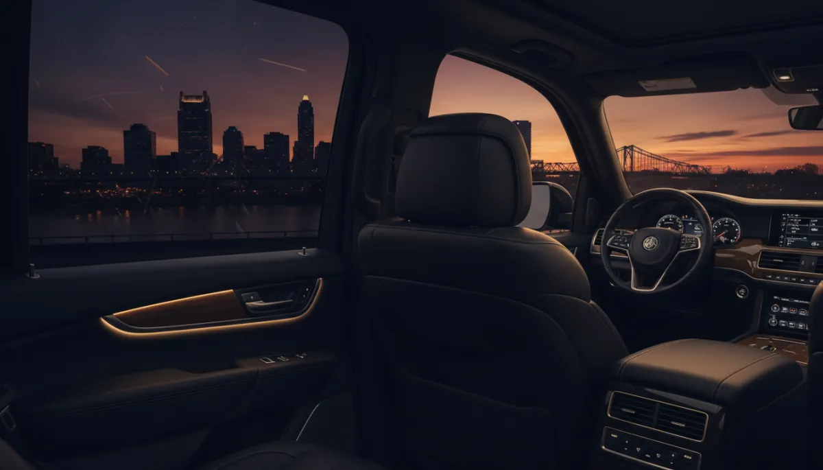 Interior view through XPEL ceramic window tint overlooking the Louisville skyline at dusk