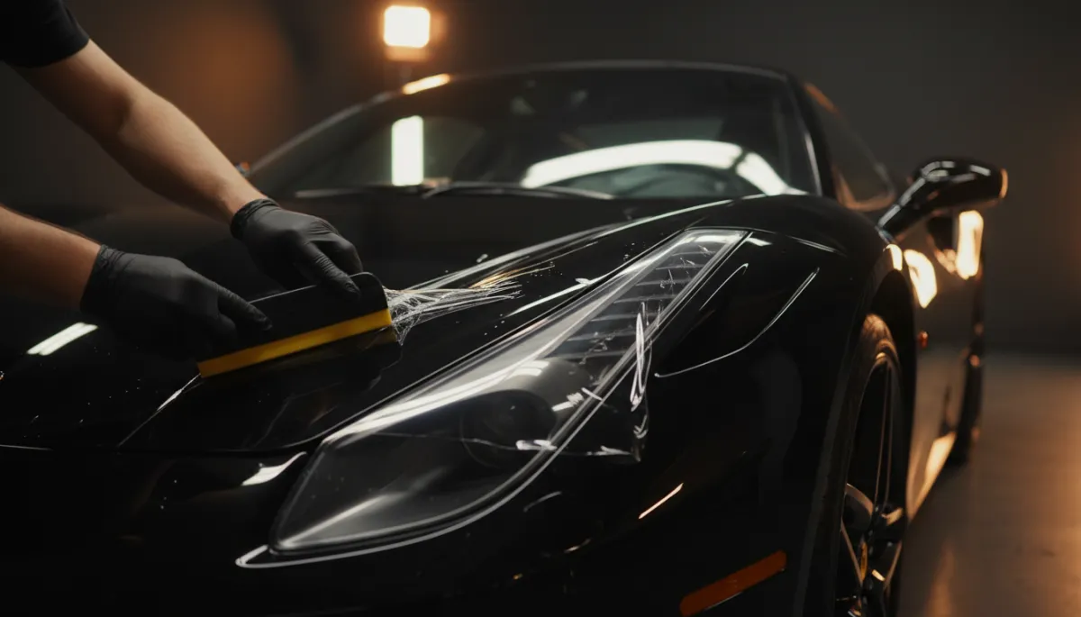 Detail shot of XPEL paint protection film installation on luxury vehicle