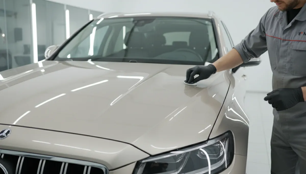 Professional ceramic coating installation on a luxury SUV in Louisville studio