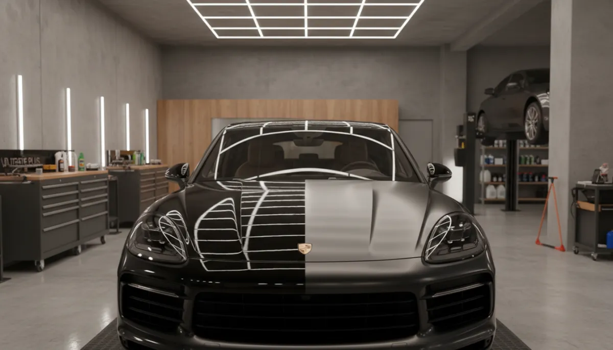 Porsche Cayenne showcasing gloss and satin XPEL PPF finishes in a boutique studio