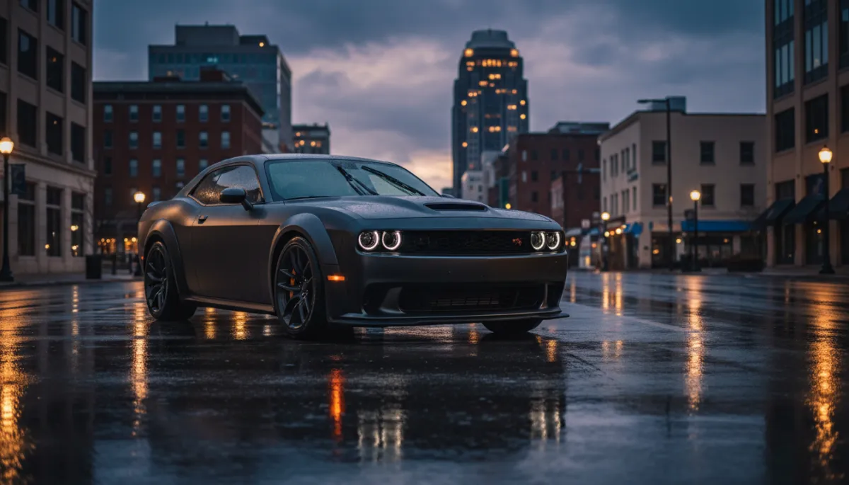Matte-finished performance sedan with XPEL Stealth on a moody Louisville street