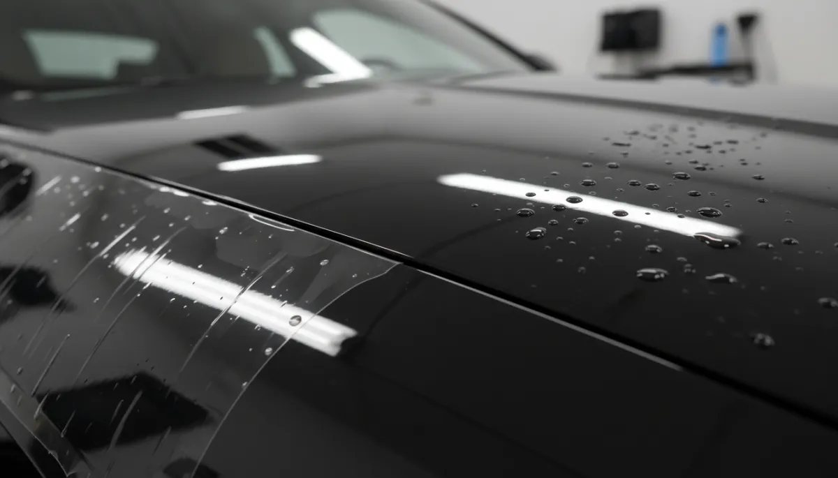 Close-up of XPEL paint protection film edge and ceramic coating gloss on a luxury vehicle panel