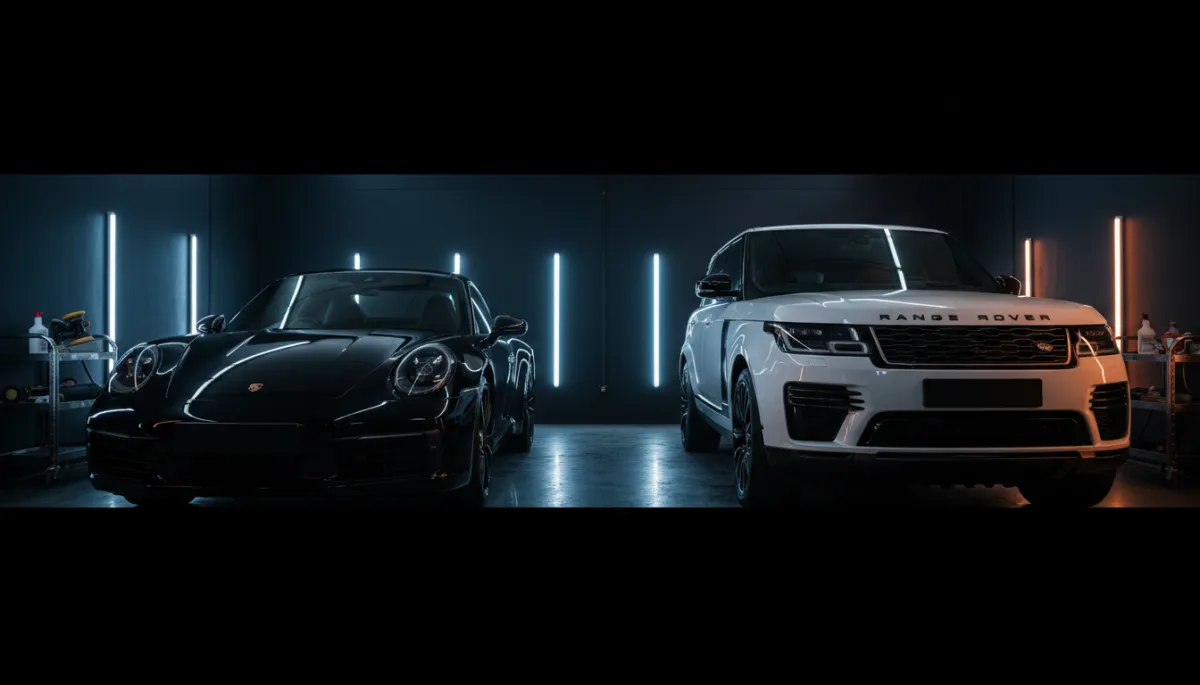 photorealistic night-time scene of a black Porsche 911 and a white Range Rover parked under dramatic lighting in a modern detailing studio, deep blacks, subtle reflections on glass, dark luxury aesthetic