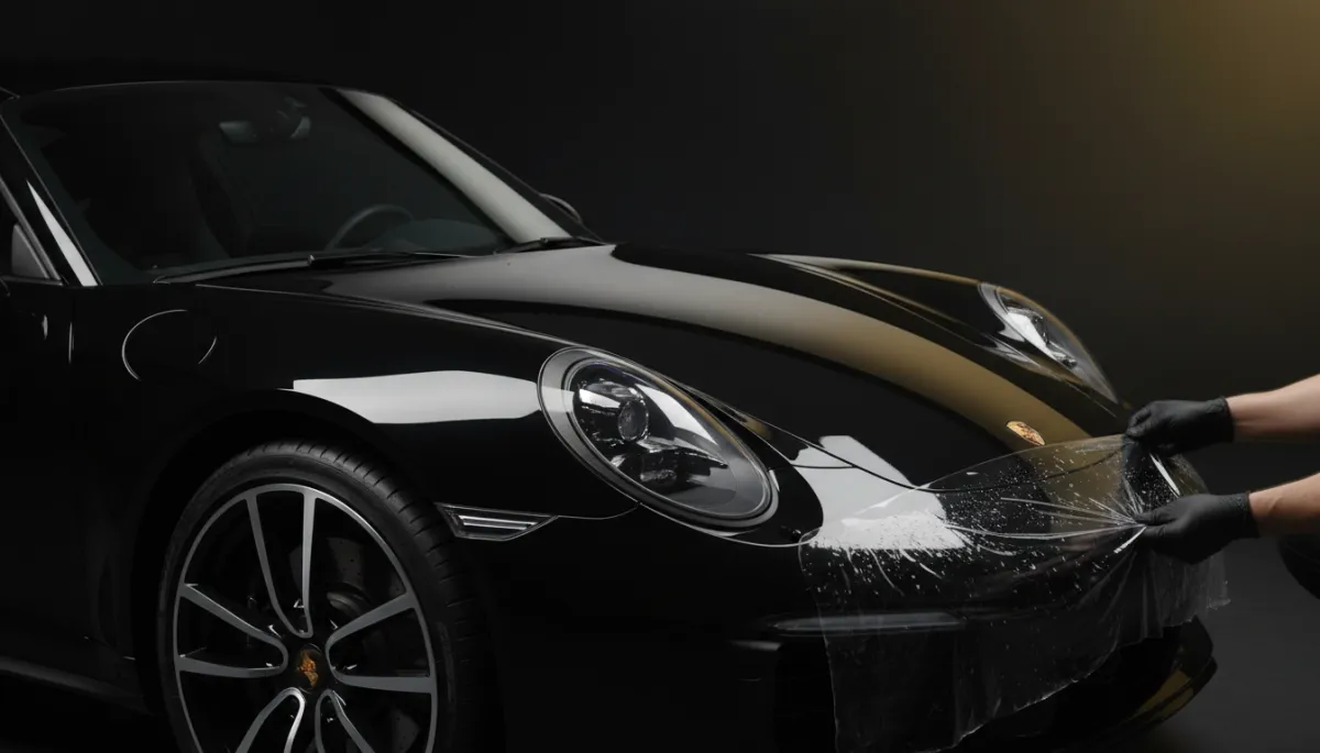 photorealistic close-up of a black Porsche 911 in a dark studio, dramatic side lighting revealing flawless glossy paint, subtle reflections on hood and fender, technician’s gloved hands holding a sheet of clear film near the front bumper