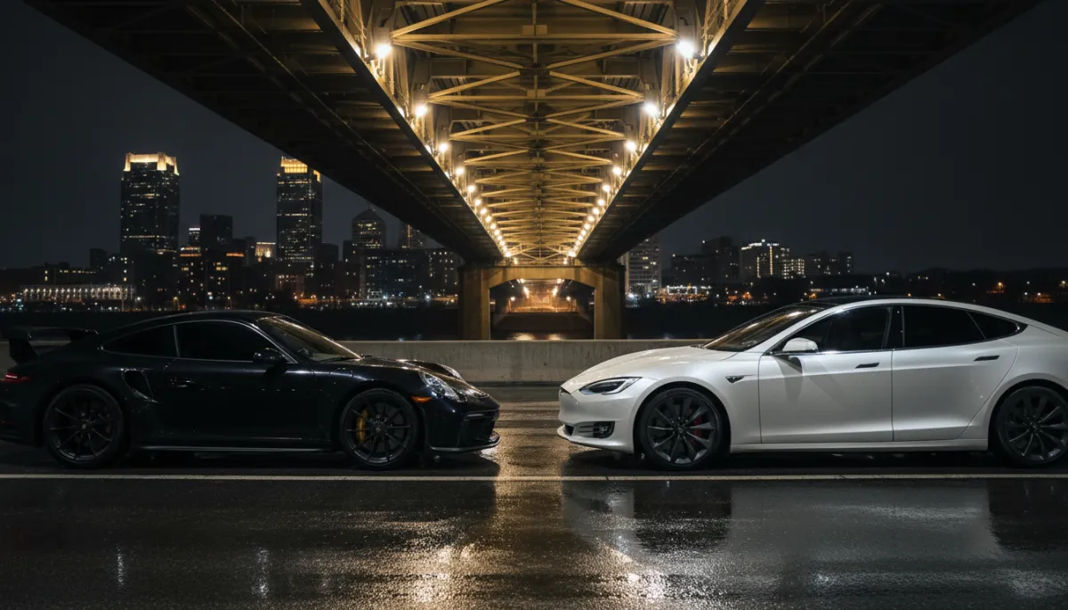 photorealistic night scene of a black Porsche and a white Tesla parked under downtown Louisville bridge lighting, windows tinted with deep neutral charcoal film, wet pavement reflections, dramatic moody lighting in black and gold accents
