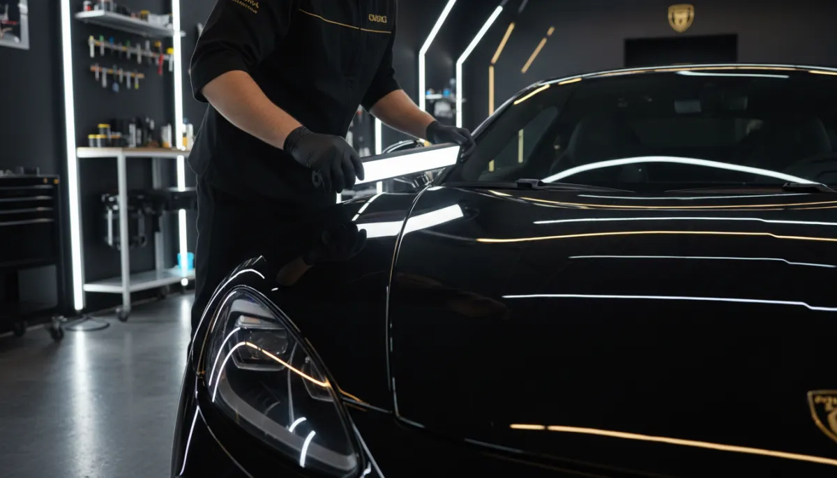 photorealistic close-up of a black luxury sports car under studio lighting, deep glossy reflections with subtle gold highlights in the environment, technician in black and gold uniform inspecting the paint with a light, sophisticated detailing studio interior