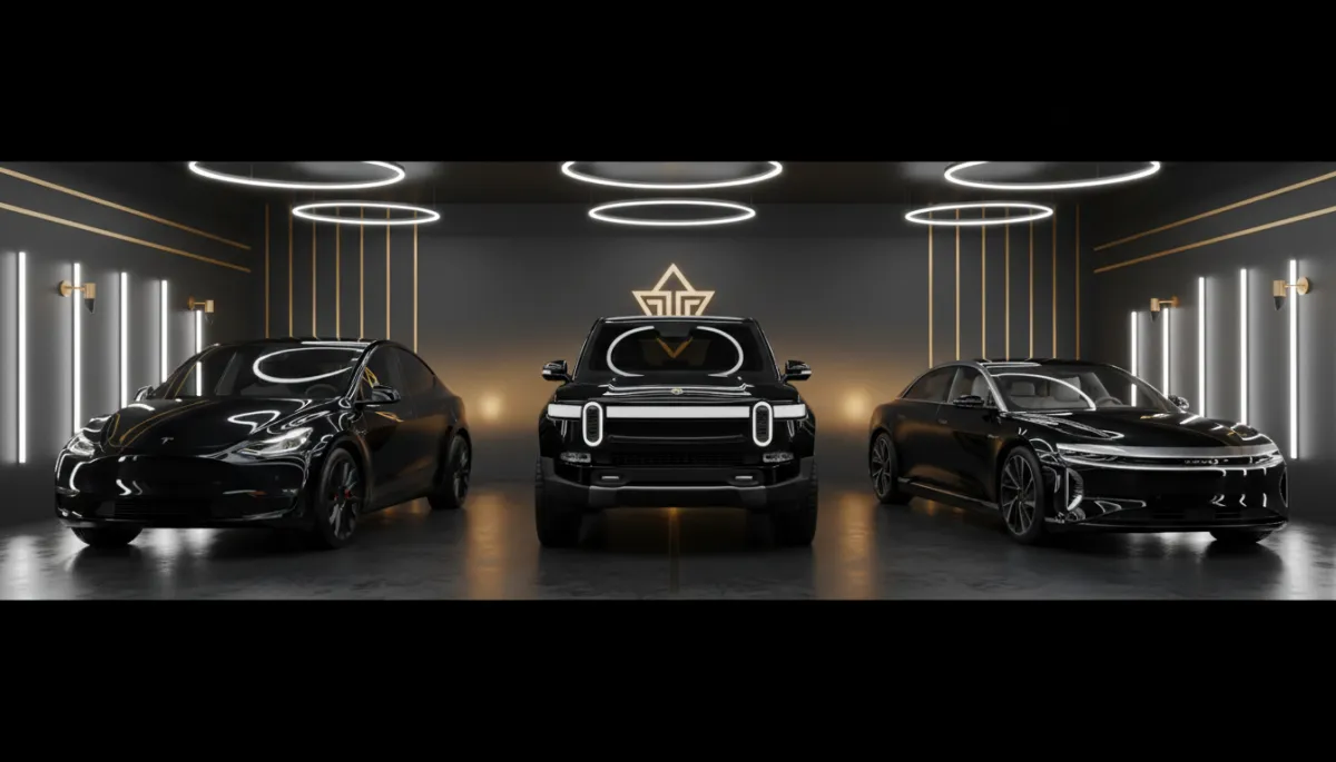 photorealistic wide shot of a black Tesla Model Y, a Rivian R1T, and a Lucid Air inside a high-end detailing studio with black and gold accents, soft overhead lighting reflecting off flawless paint, subtle studio branding on the back wall