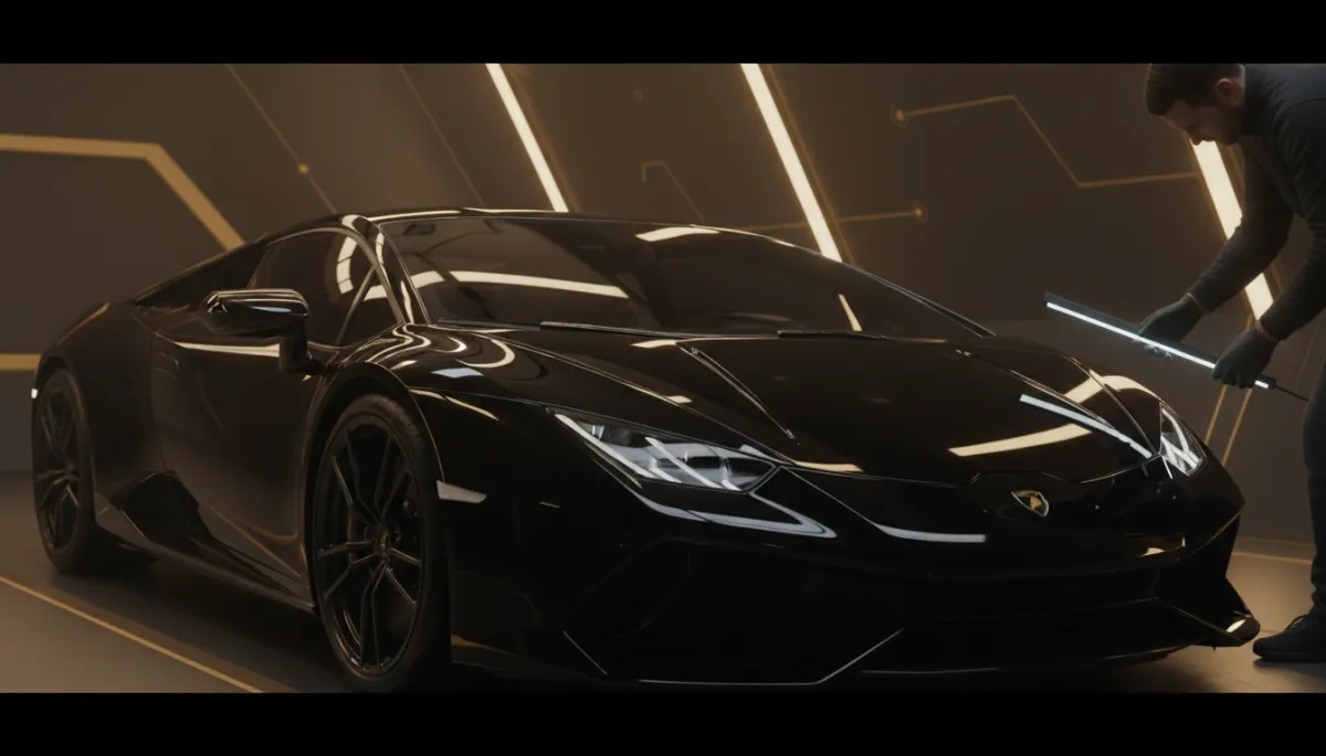 photorealistic warm dark studio interior, black luxury sports car under soft spotlights, subtle reflections revealing flawless paint protected by invisible film, technician in black gloves inspecting panel with light bar