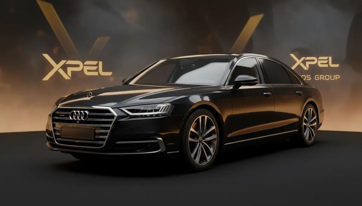 photorealistic warm dark-toned studio scene of a black European luxury sedan under soft spotlights, deep glossy reflections on the paint from ceramic coating, subtle XPEL and ROS Group branding in background