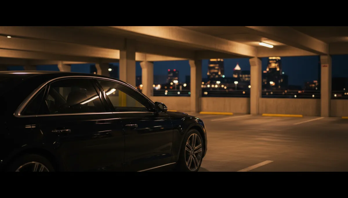 photorealistic night-time scene of a black European luxury sedan parked in a modern Louisville KY downtown garage, warm dark tones, subtle reflections on deep-tinted glass, soft gold accent lighting, cinematic composition