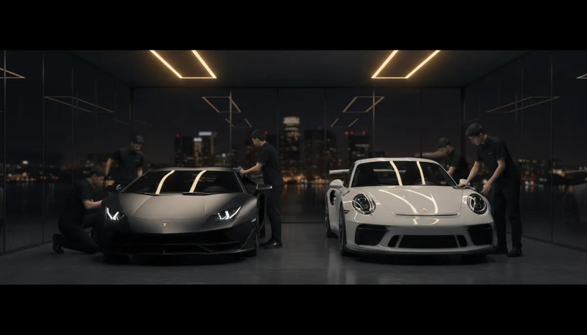 photorealistic dark sophisticated luxury detailing studio with a black Lamborghini and a white Porsche under focused overhead lighting, technicians in black uniforms inspecting paint surfaces, glass walls and subtle city lights outside