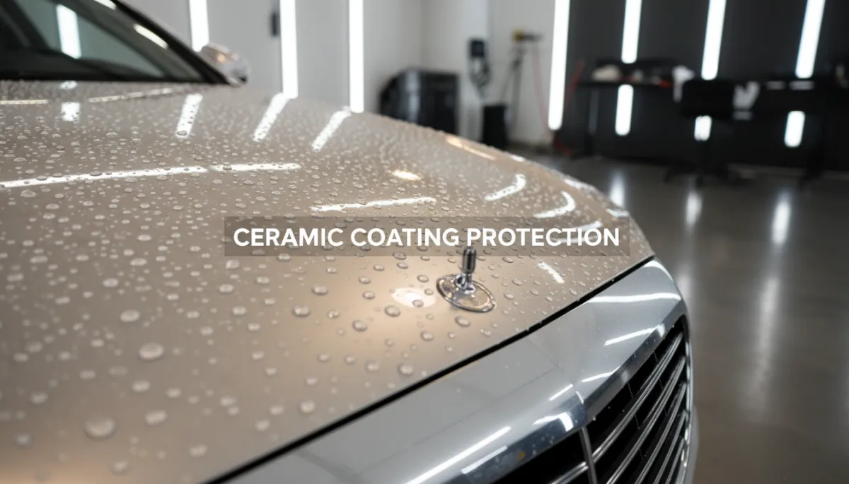 photorealistic neutral-toned luxury sedan in a high-end detailing studio, soft overhead lighting reflecting deep gloss on paint, tight shot of water beading perfectly on the hood, subtle text overlay about ceramic coating protection