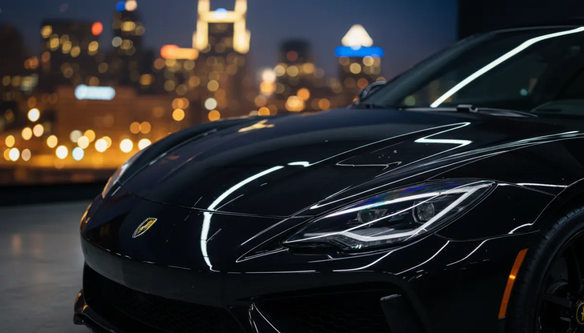 photorealistic cinematic close-up of a black luxury sports car under studio lighting, front fender and hood wrapped in flawless glossy XPEL paint protection film with crisp reflections, subtle Louisville city lights bokeh in background