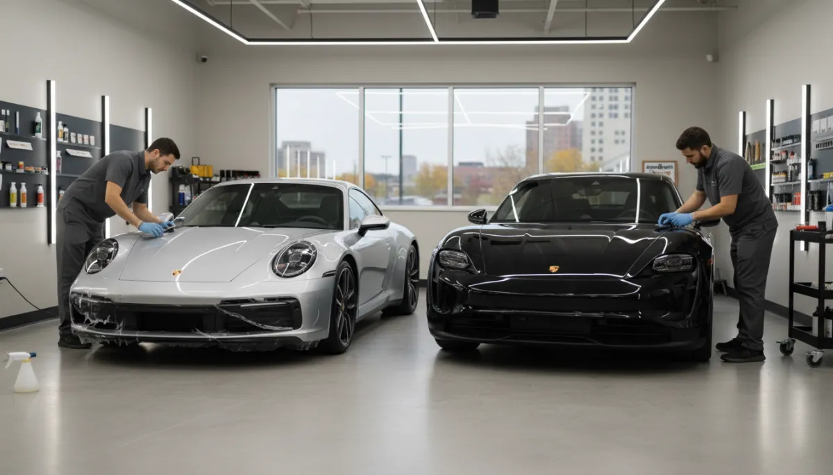 photorealistic cinematic neutral-toned boutique detailing studio in Louisville with a Porsche 911 and Porsche Taycan positioned under soft studio lighting, technicians delicately applying clear paint protection film to the front bumper, reflections showing flawless glossy paint and subtle film edges