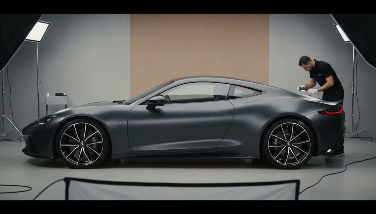 photorealistic cinematic shot of a dark luxury sports car with a flawless satin matte finish under soft studio spotlights in a boutique protection studio, neutral color palette, subtle reflections, minimalistic high-end interior, technician in the background inspecting the body lines