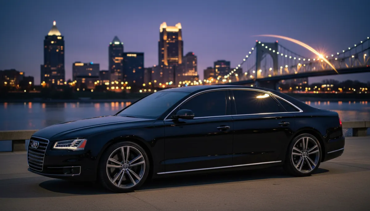 photorealistic cinematic dusk scene of a luxury black European sedan parked near downtown Louisville skyline, Ohio River bridge lights reflecting on glossy paint, windows finished with deep premium ceramic tint, dramatic contrast lighting and subtle lens flare