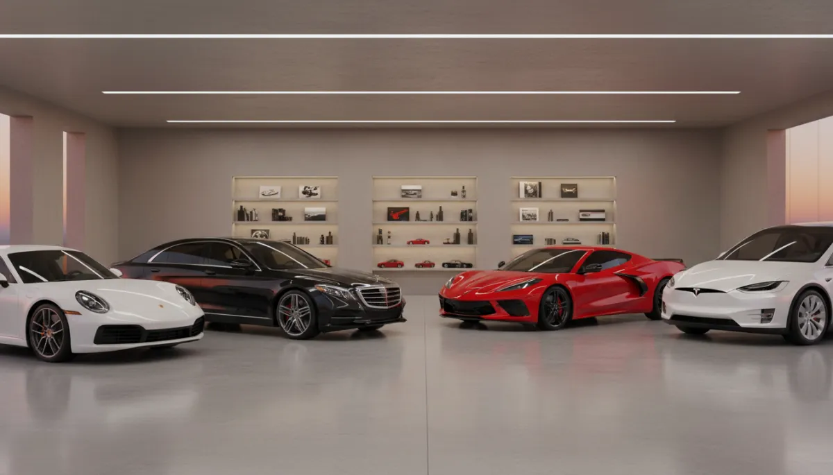 photorealistic cinematic wide shot of a pristine neutral-toned luxury garage in Louisville at dusk, featuring a white Porsche 911, black Mercedes S-Class, red Corvette C8, and a pearl Tesla Model X, all with deep glossy finishes and subtle window tint, soft overhead lighting and polished concrete floor, refined boutique atmosphere