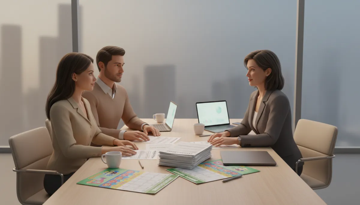 Real estate agent reviewing TRIM notices and school plans with homeowners