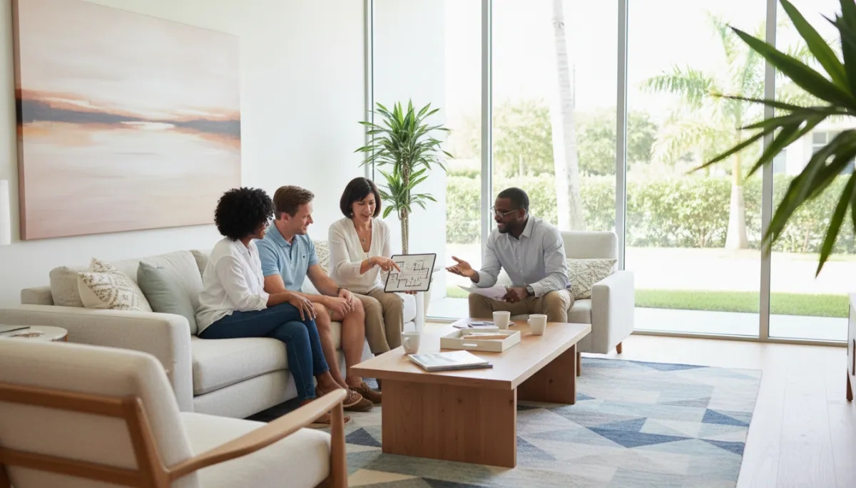 A realistic, well-lit photograph of diverse Central Florida homebuyers discussing home options in a modern, bright living room. No animated or drawn effects.