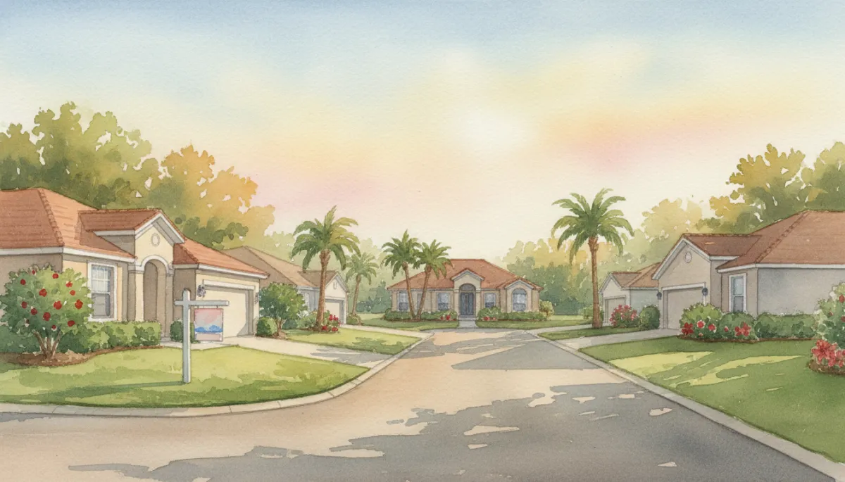 Well-kept Central Florida homes on a quiet cul-de-sac with a for-sale sign