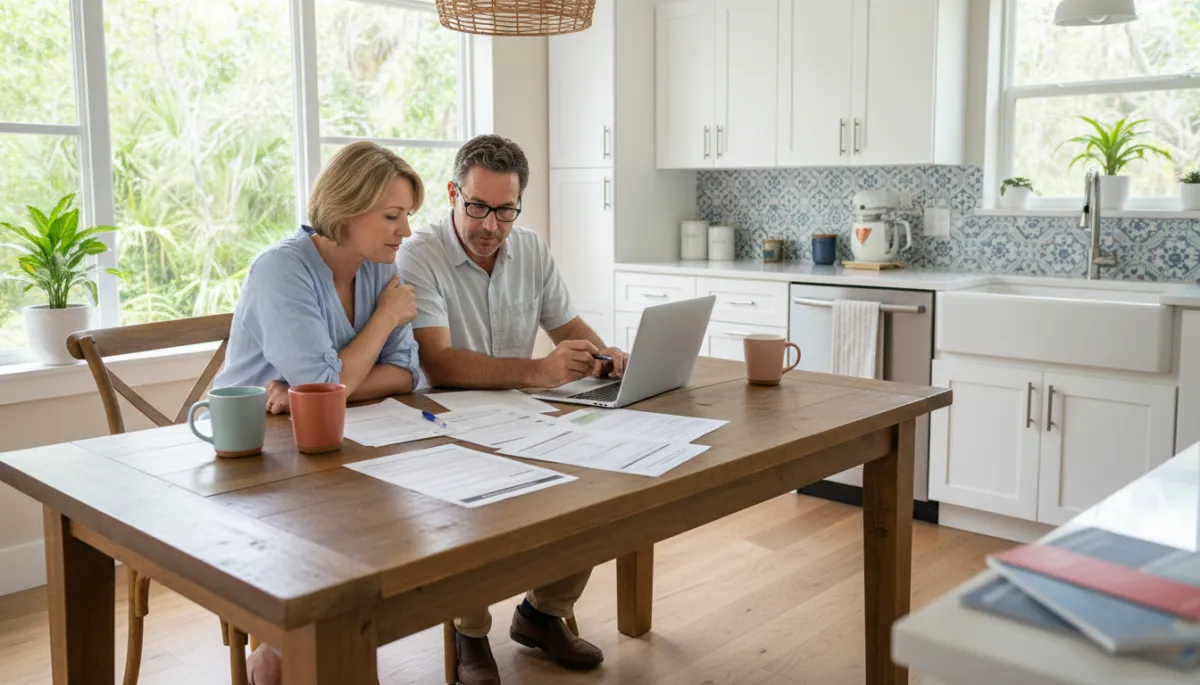 Couple reviewing Seminole County homebuyer program paperwork at their kitchen table