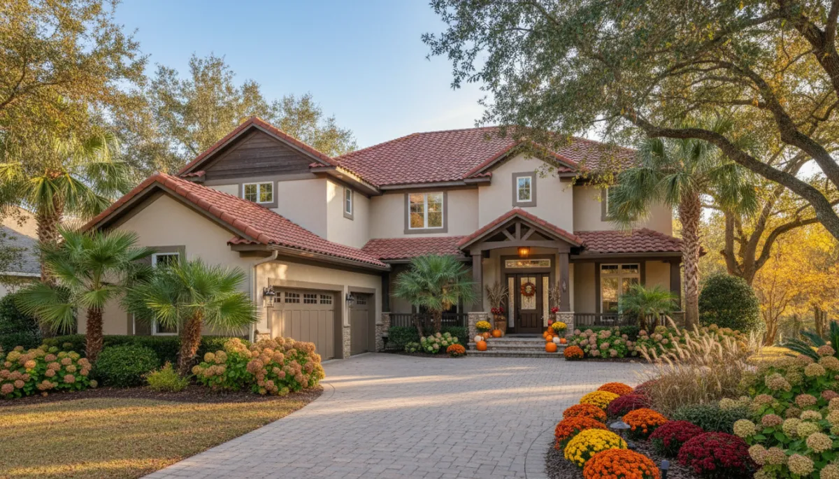 A professional, non-animated photograph of a Seminole County home with immaculate curb appeal in early fall. Real landscaping, natural light, and subtle autumnal touches. No illustrations or animation, strictly a real photo.