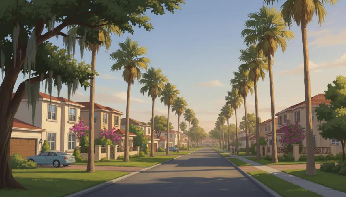A real, professional photo of a calm residential street in Central Florida, with palm trees, well-maintained homes, and a subtle, inviting atmosphere.