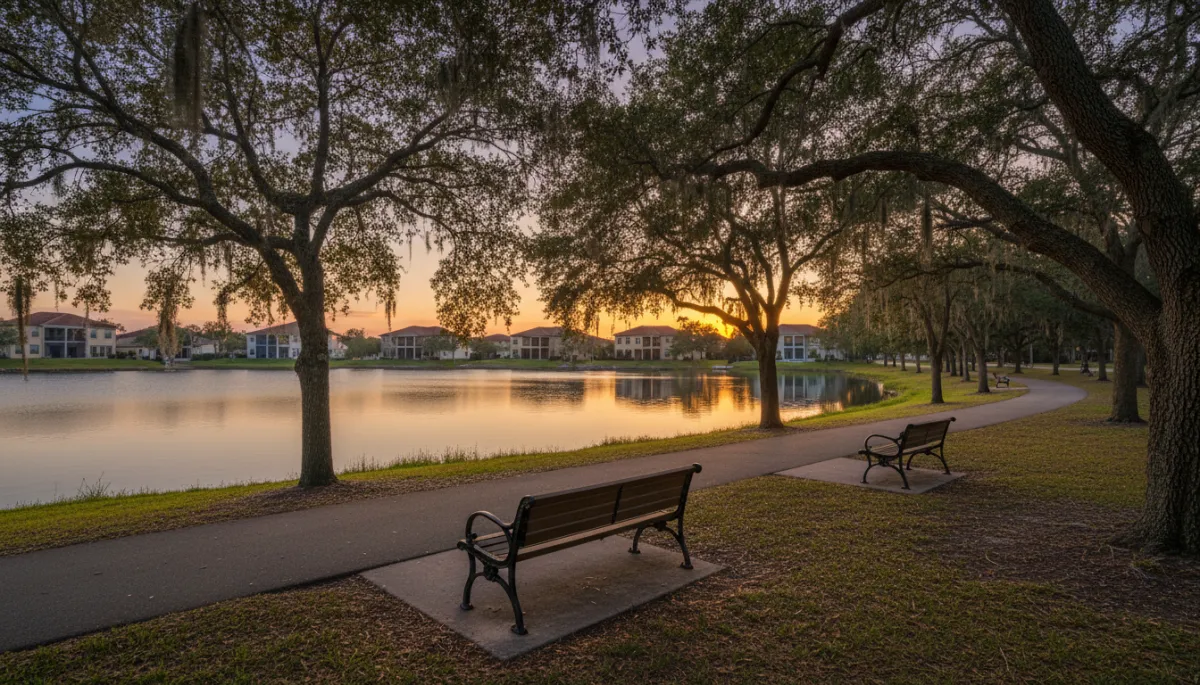 Lakeside park in Casselberry with walking path and nearby homes Lakeside park in Casselberry with walking path and nearby homes