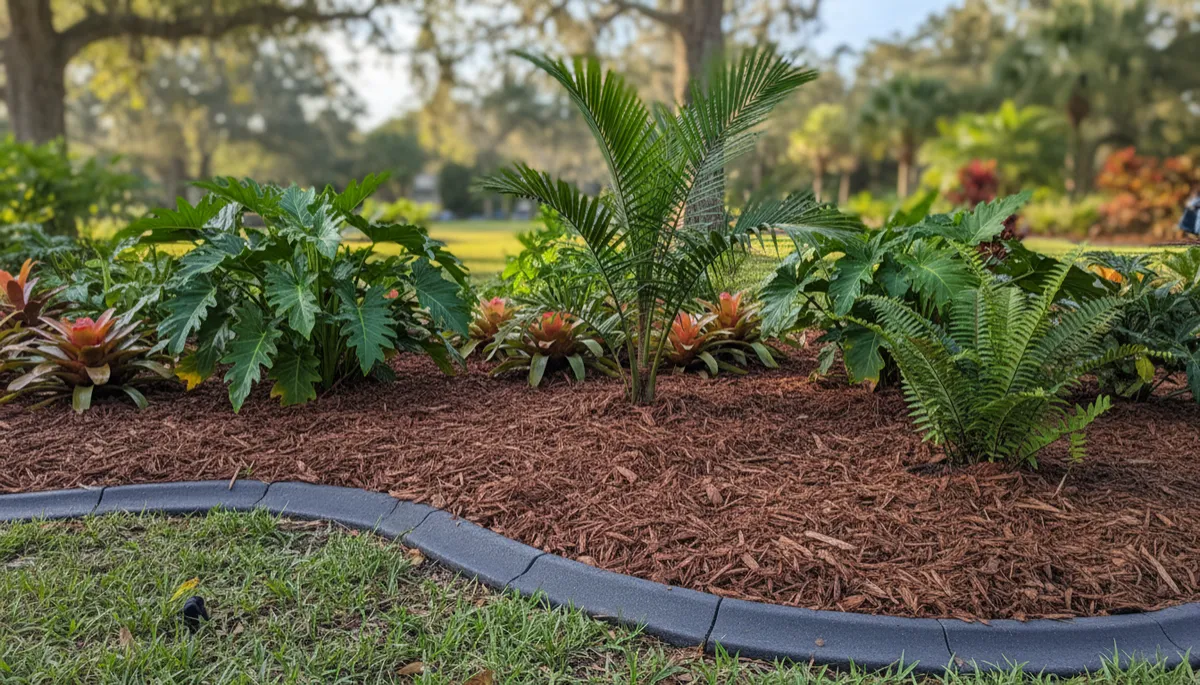 A real, close-up photo of a Florida front yard with freshly laid brown mulch, tidy landscape edging, and healthy tropical plants. The image should be natural and candid, avoiding any animated or digitally-created look.