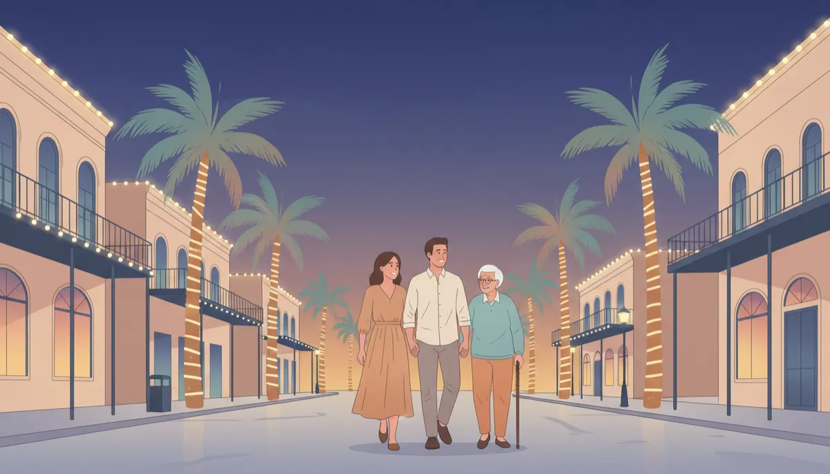 professional photorealistic evening scene of a couple and grandparents walking past holiday lights and palm trees in a charming Central Florida downtown main street, neutral warm tones, relaxed atmosphere professional photorealistic evening scene of a couple and grandparents walking past holiday lights and palm trees in a charming Central Florida downtown main street, neutral warm tones, relaxed atmosphere
