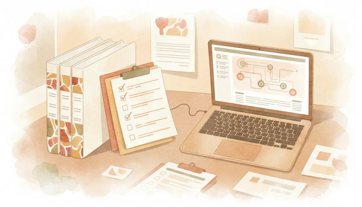 Organized SOP binders and workflow dashboard on a desk