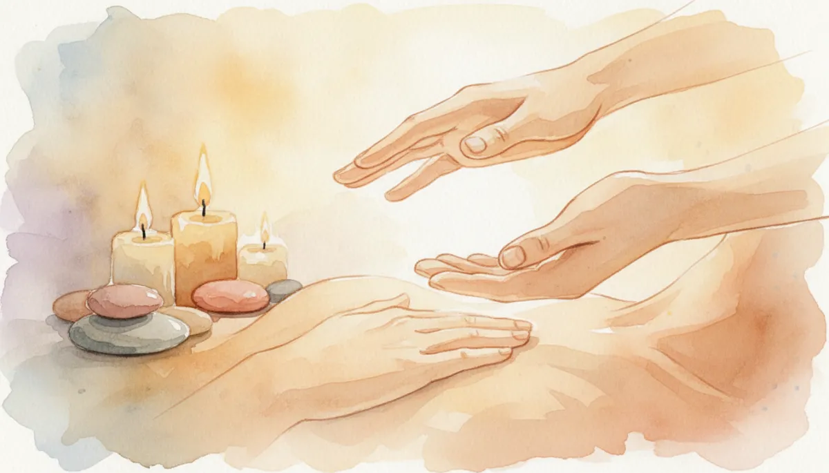 Close-up of Reiki practitioner’s hands above the heart center Close-up of Reiki practitioner’s hands above the heart center