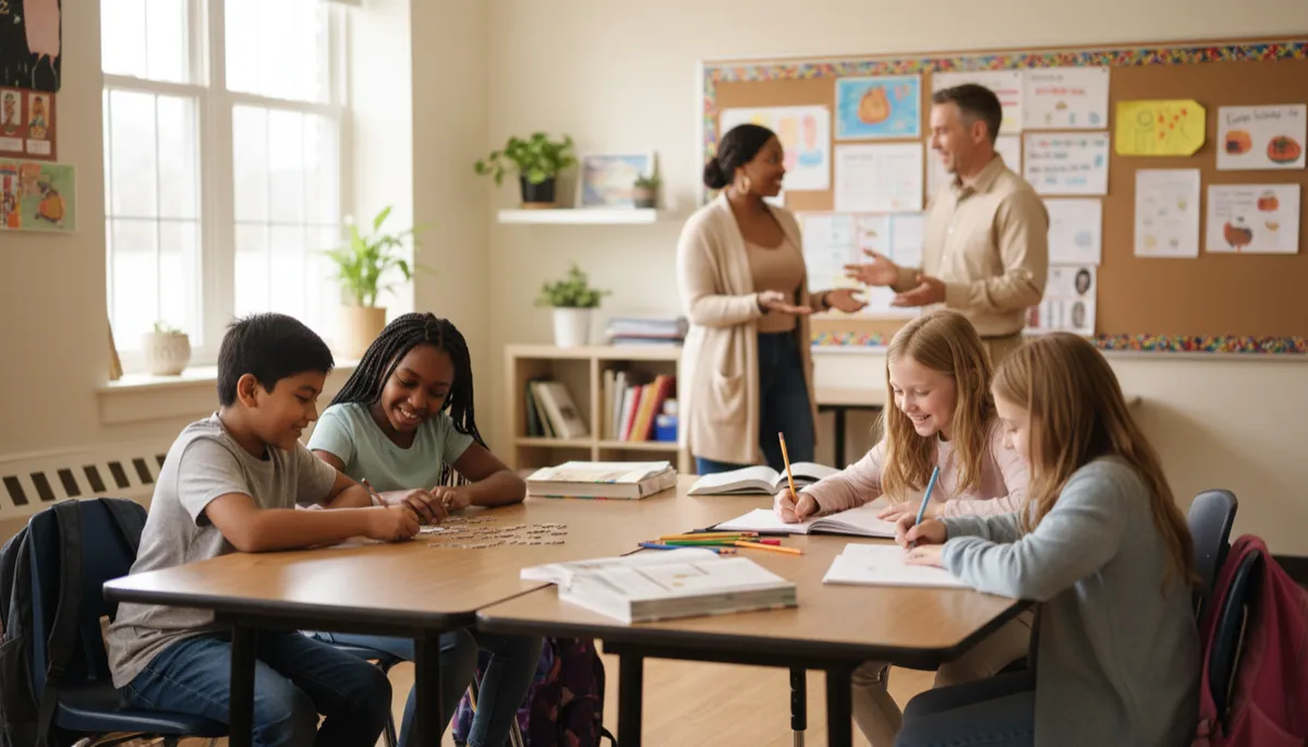 Students collaborating in class with supportive adults nearby