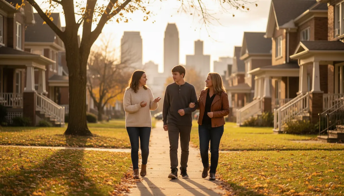 Community behavioral health worker walking and talking with a Columbus family in their neighborhood
