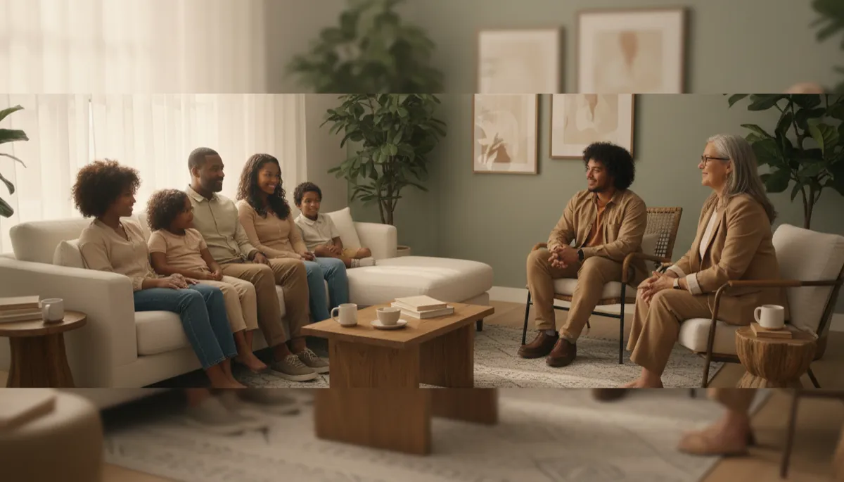 photorealistic warm-toned scene of a diverse family and a young adult sitting with a calm, friendly therapist in a comfortable counseling office in Columbus Ohio, soft natural light, relaxed body language, subtle decor with plants and neutral colors
