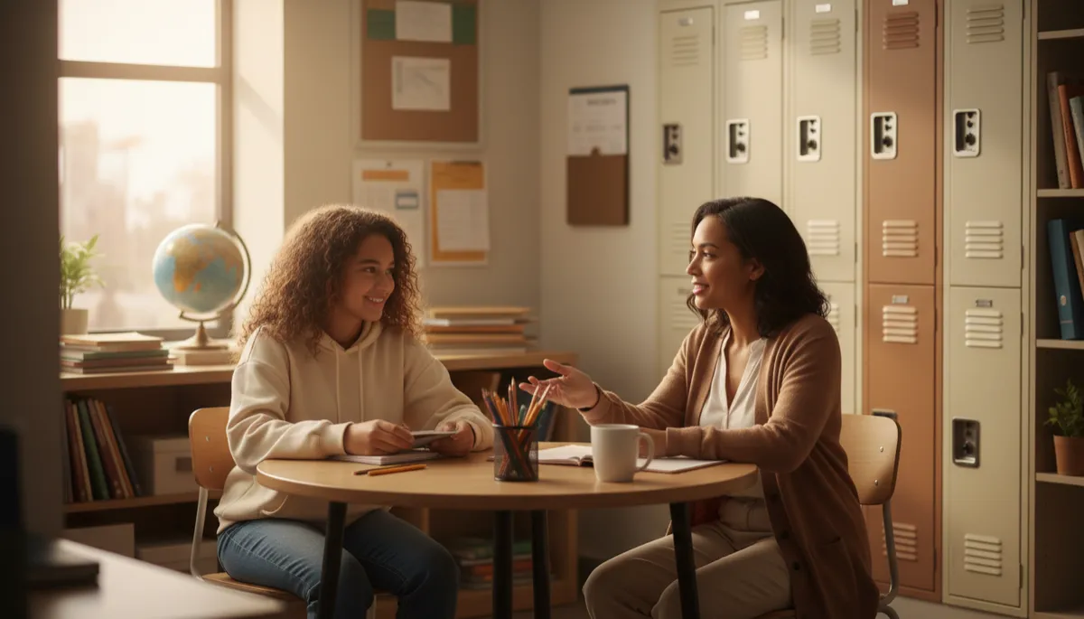 photorealistic warm authentic scene of a diverse middle school student and school-based therapist talking at a small table in a bright Columbus Ohio classroom, soft afternoon light, supportive body language, school supplies and lockers in background
