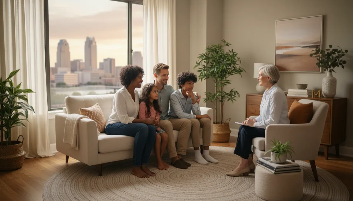 photorealistic warm authentic scene of a diverse Columbus Ohio family sitting with a caring therapist in a cozy counseling office, soft natural light, city skyline faintly visible through window