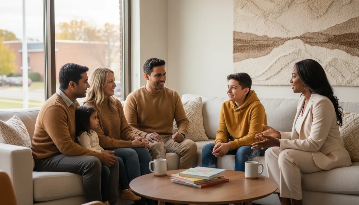photorealistic warm-toned scene of diverse Columbus family and behavioral health clinician sitting together in a cozy community office, soft natural light, subtle view of Columbus neighborhood through window, everyone engaged in calm supportive conversation