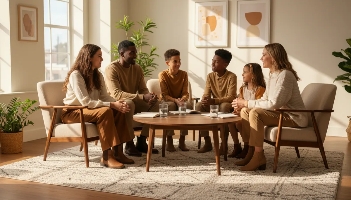 photorealistic warm-toned scene of a diverse Ohio family sitting with a friendly behavioral health professional in a bright community office, everyone talking calmly around a low table with notebooks and water cups