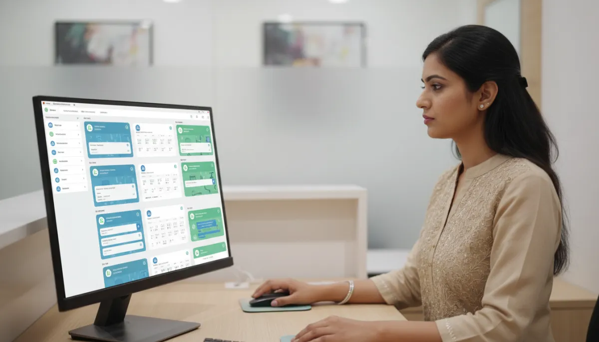 क्लिनिक रिसेप्शनिस्ट कंप्यूटर पर ऑटोमेटेड WhatsApp चैट और रिमाइंडर संभालती हुई
