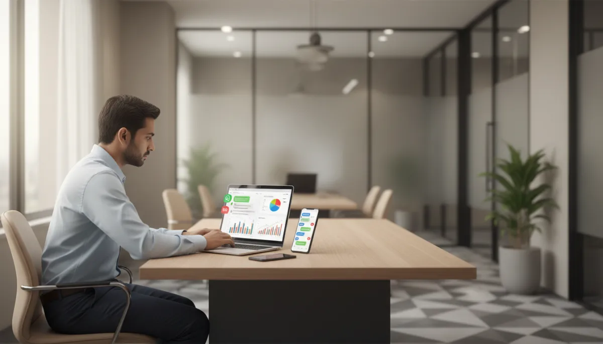 photorealistic neutral-toned modern Indian real estate office, property broker looking at WhatsApp chats and sales dashboard on laptop, smartphone on desk showing multiple unread messages, soft natural light, professional corporate setting