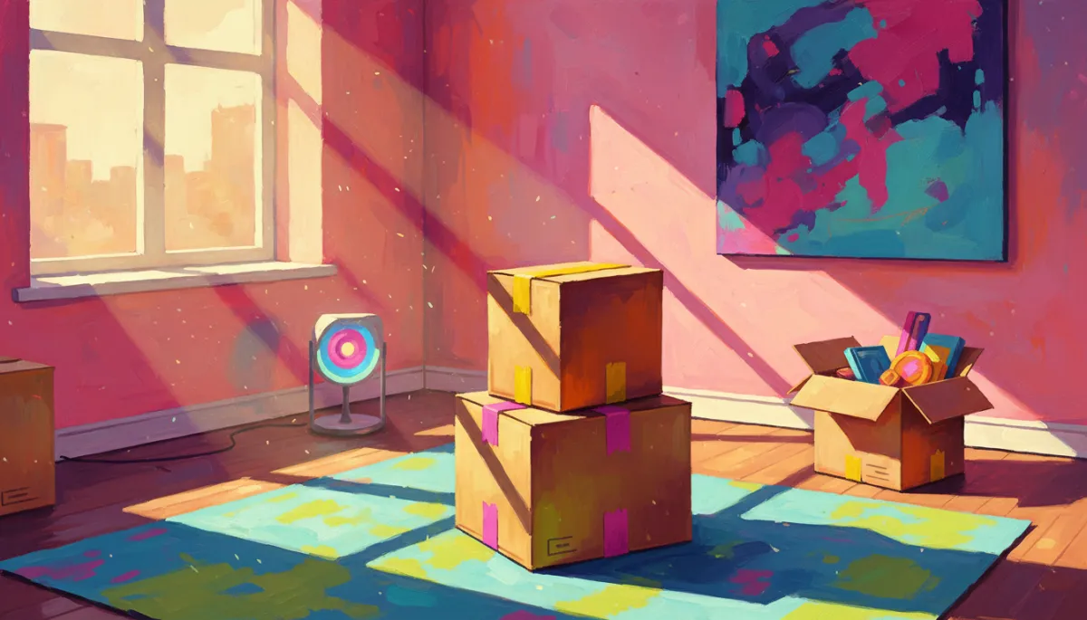 Oil painting in a pop retro color palette of a nearly empty living room with moving boxes, capturing the light and nostalgia with bold, saturated hues and expressive brush strokes. Oil painting in a pop retro color palette of a nearly empty living room with moving boxes, capturing the light and nostalgia with bold, saturated hues and expressive brush strokes.