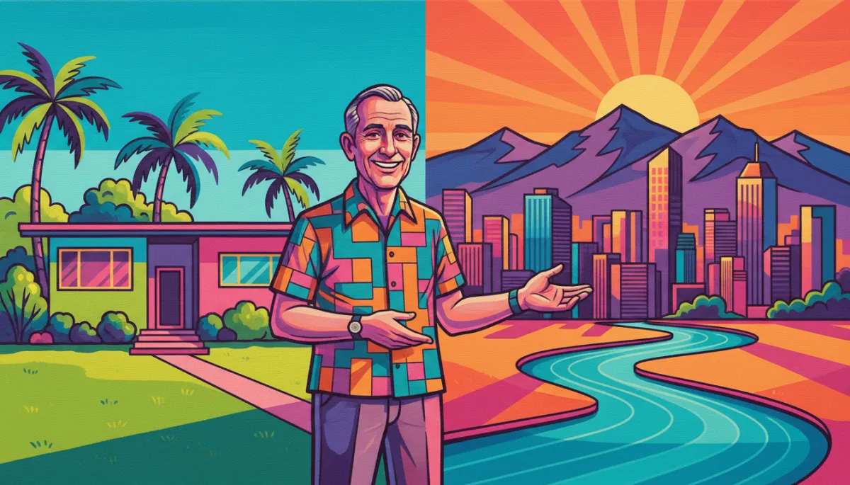 Oil painting in a pop retro color palette showing a man in his mid 60s standing between a suburban house and a distant Latin American city skyline with mountains, with bold, vibrant pop-art inspired colors and brushwork. Oil painting in a pop retro color palette showing a man in his mid 60s standing between a suburban house and a distant Latin American city skyline with mountains, with bold, vibrant pop-art inspired colors and brushwork.
