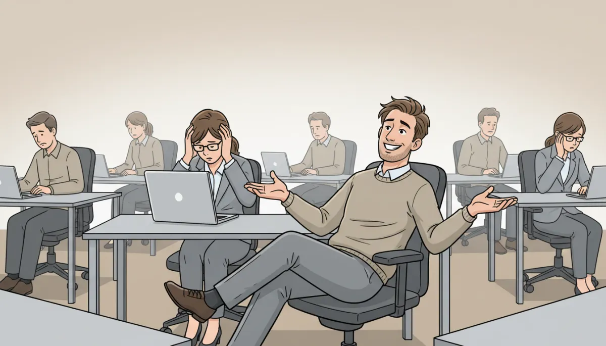 Employee oversharing to HR while HR looks stressed behind a laptop