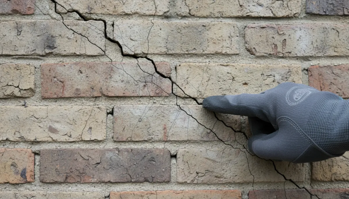Photorealistic close-up of stair-step and hairline cracks in a brick wall Photorealistic close-up of stair-step and hairline cracks in a brick wall