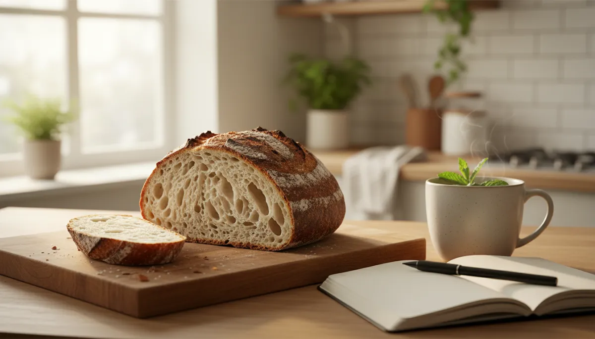 A photorealistic, high-resolution image of a freshly baked sourdough bread loaf placed on a wooden cutting board, partially sliced to reveal its airy crumb structure. The scene is set in a bright, inviting kitchen with natural daylight streaming in, emphasizing a sense of warmth and self-care. Nearby, a journal, a cup of herbal tea, and a pen subtly suggest themes of self-discovery and personal growth. The composition is clean, modern, and professional, suitable for a life coaching blog focused on enhancing self-discovery.