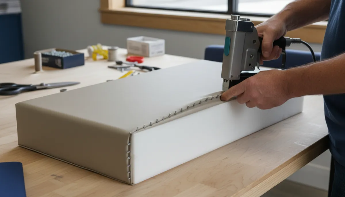 professional photorealistic close-up of a marine upholsterer’s hands stretching neutral-tone marine vinyl over fresh foam on a pontoon seat base, stainless staples and tools on a tidy workbench