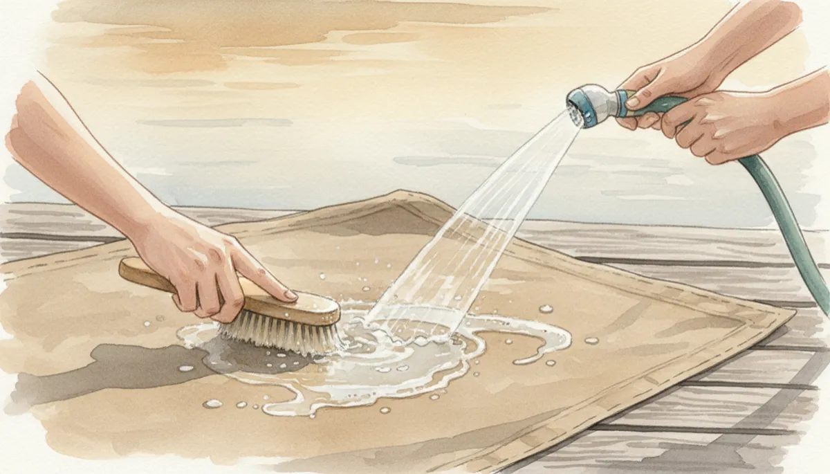 Hands brushing and rinsing Sunbrella boat canvas laid flat on a dock